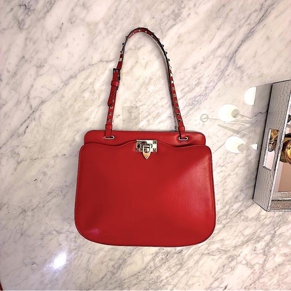 VALENTINO GARAVANI Vitello Rockstud Shoulder Satchel Red Nappa Leather Bag - Picture 1 of 16